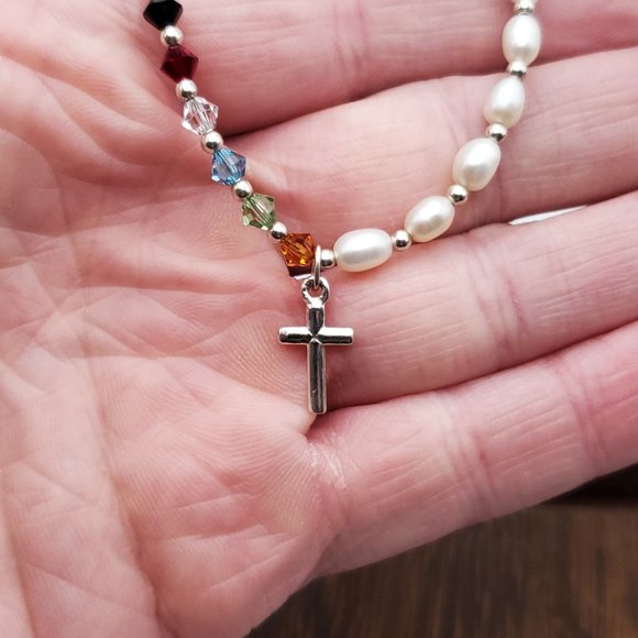 7 Inch 925 Sterling Silver Cross Charm Pearl And Crystal Bracelet - Picture 2 of 6